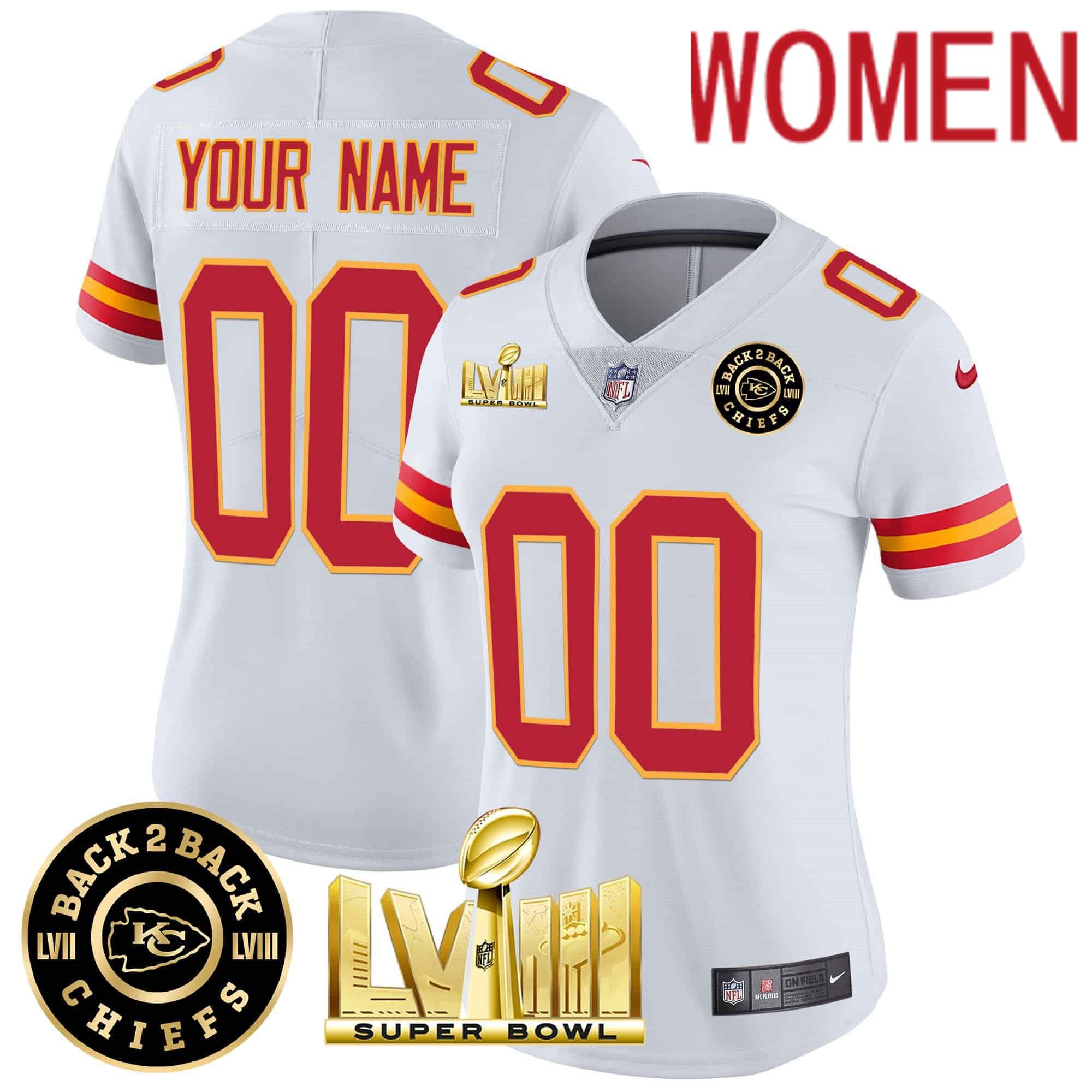 Women Kansas City Chiefs White 2024 Nike Super Bowl LVIII & Back 2 Back Patch Vapor Custom NFL Jersey